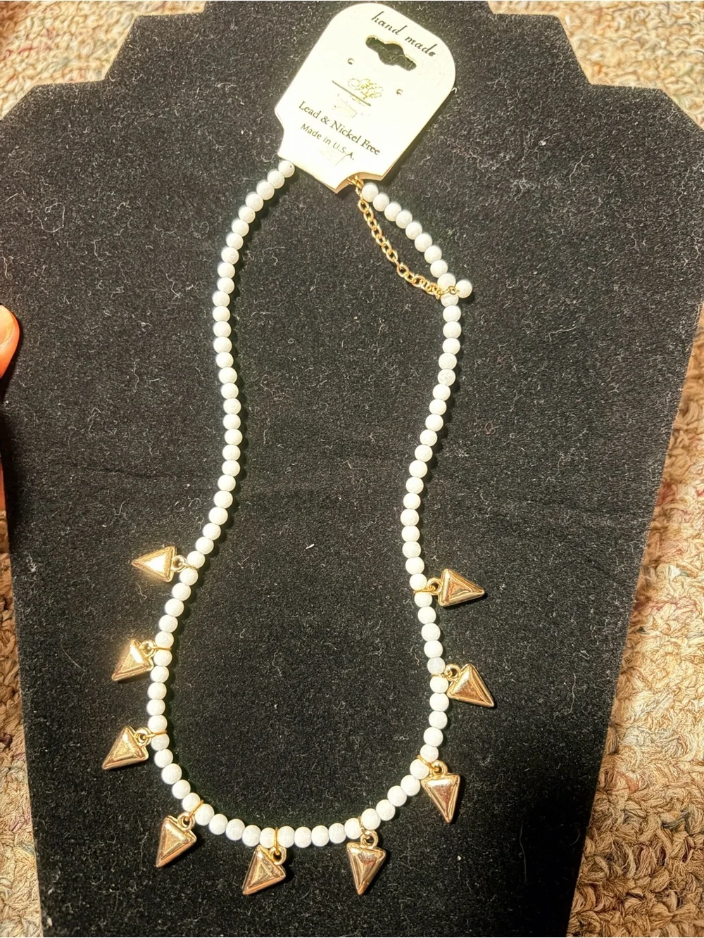 Handmade White Beaded Necklace with Gold Triangle Charms